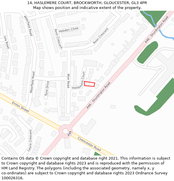 14, HASLEMERE COURT, BROCKWORTH, GLOUCESTER, GL3 4PR: Location map and indicative extent of plot