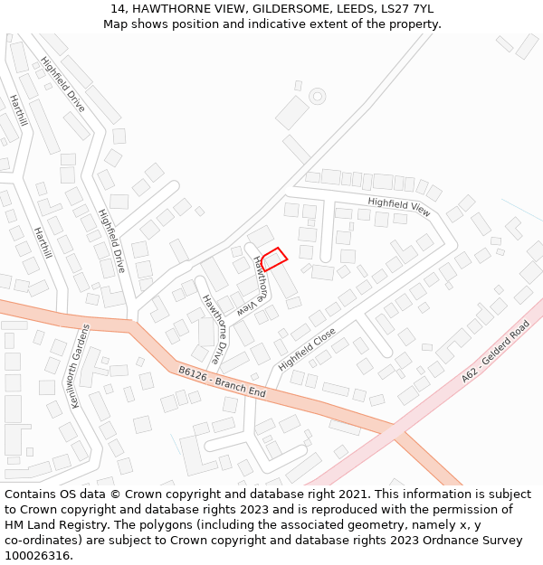 14, HAWTHORNE VIEW, GILDERSOME, LEEDS, LS27 7YL: Location map and indicative extent of plot