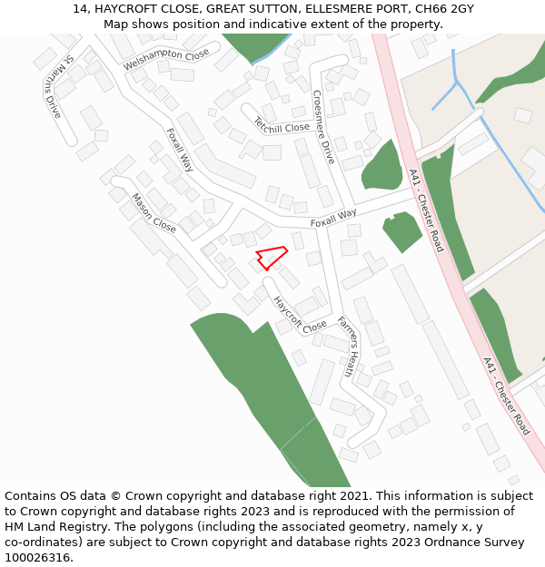 14, HAYCROFT CLOSE, GREAT SUTTON, ELLESMERE PORT, CH66 2GY: Location map and indicative extent of plot