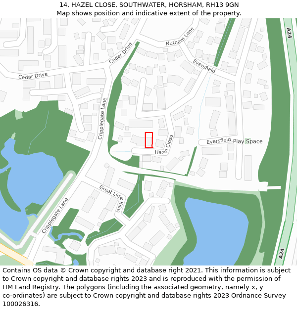 14, HAZEL CLOSE, SOUTHWATER, HORSHAM, RH13 9GN: Location map and indicative extent of plot