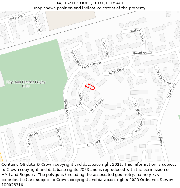 14, HAZEL COURT, RHYL, LL18 4GE: Location map and indicative extent of plot