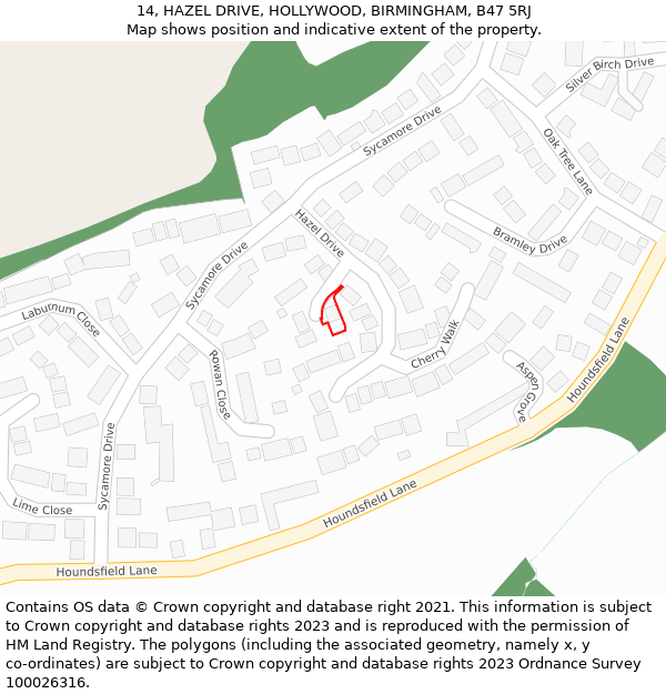 14, HAZEL DRIVE, HOLLYWOOD, BIRMINGHAM, B47 5RJ: Location map and indicative extent of plot