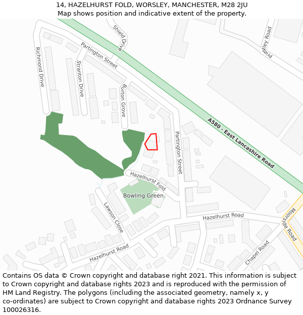 14, HAZELHURST FOLD, WORSLEY, MANCHESTER, M28 2JU: Location map and indicative extent of plot