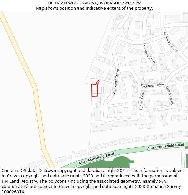 14, HAZELWOOD GROVE, WORKSOP, S80 3EW: Location map and indicative extent of plot