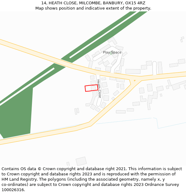 14, HEATH CLOSE, MILCOMBE, BANBURY, OX15 4RZ: Location map and indicative extent of plot