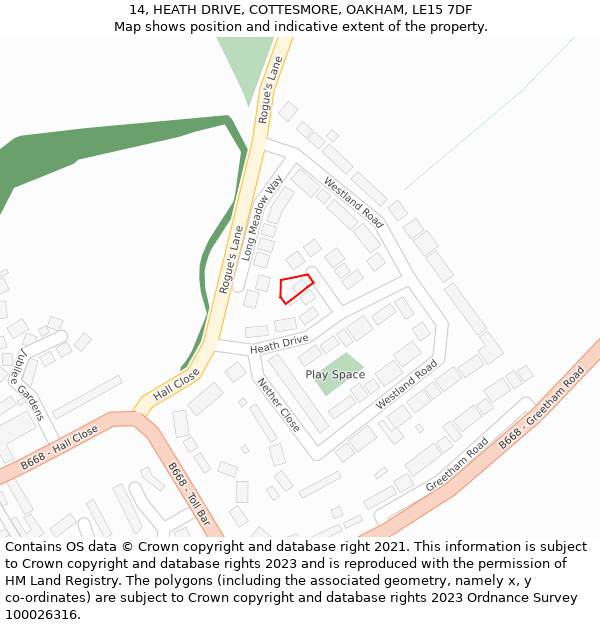 14, HEATH DRIVE, COTTESMORE, OAKHAM, LE15 7DF: Location map and indicative extent of plot