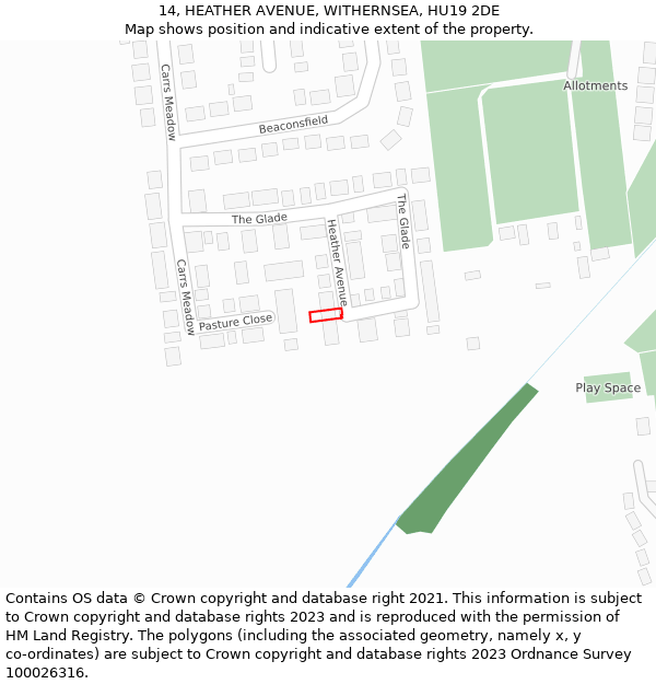 14, HEATHER AVENUE, WITHERNSEA, HU19 2DE: Location map and indicative extent of plot