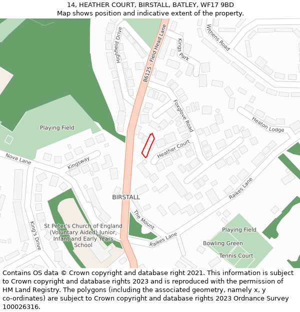 14, HEATHER COURT, BIRSTALL, BATLEY, WF17 9BD: Location map and indicative extent of plot