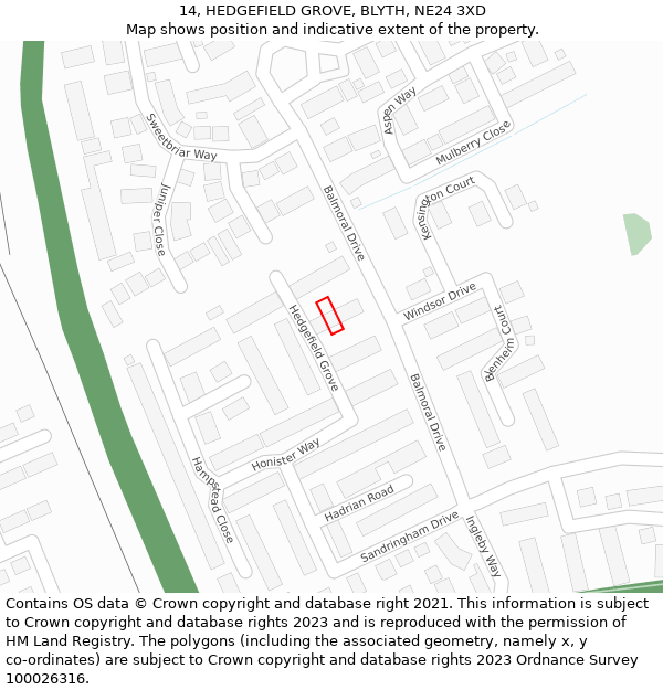 14, HEDGEFIELD GROVE, BLYTH, NE24 3XD: Location map and indicative extent of plot