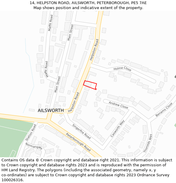 14, HELPSTON ROAD, AILSWORTH, PETERBOROUGH, PE5 7AE: Location map and indicative extent of plot