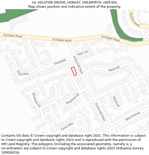 14, HELSTON GROVE, HONLEY, HOLMFIRTH, HD9 6GL: Location map and indicative extent of plot