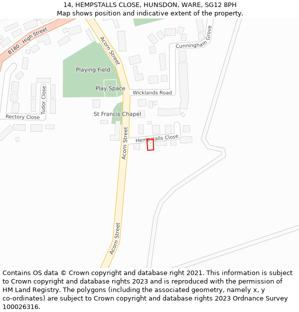 14, HEMPSTALLS CLOSE, HUNSDON, WARE, SG12 8PH: Location map and indicative extent of plot