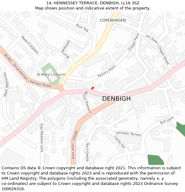 14, HENNESSEY TERRACE, DENBIGH, LL16 3SZ: Location map and indicative extent of plot