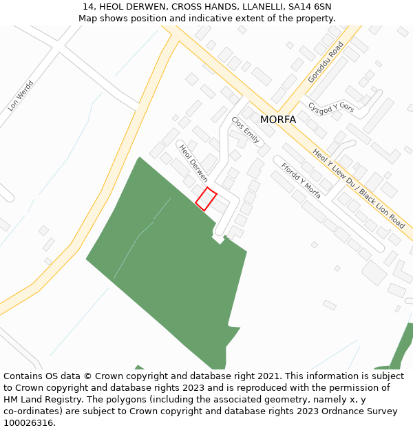 14, HEOL DERWEN, CROSS HANDS, LLANELLI, SA14 6SN: Location map and indicative extent of plot