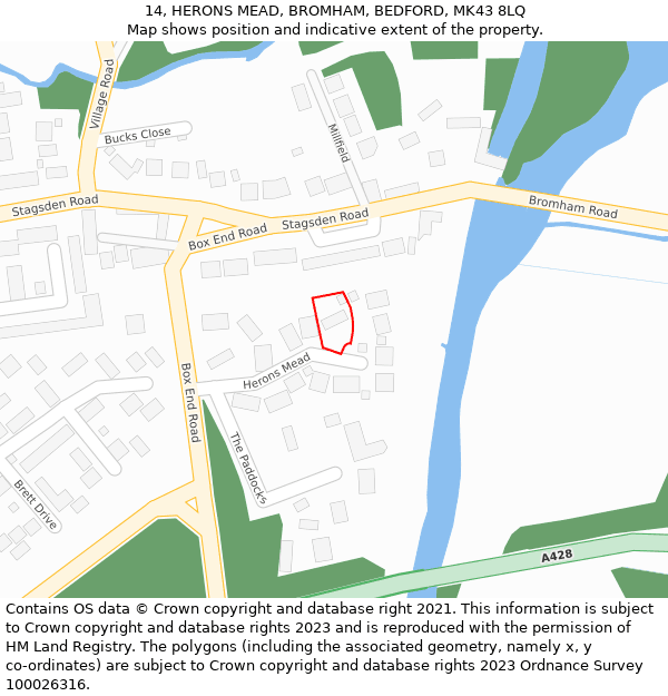 14, HERONS MEAD, BROMHAM, BEDFORD, MK43 8LQ: Location map and indicative extent of plot