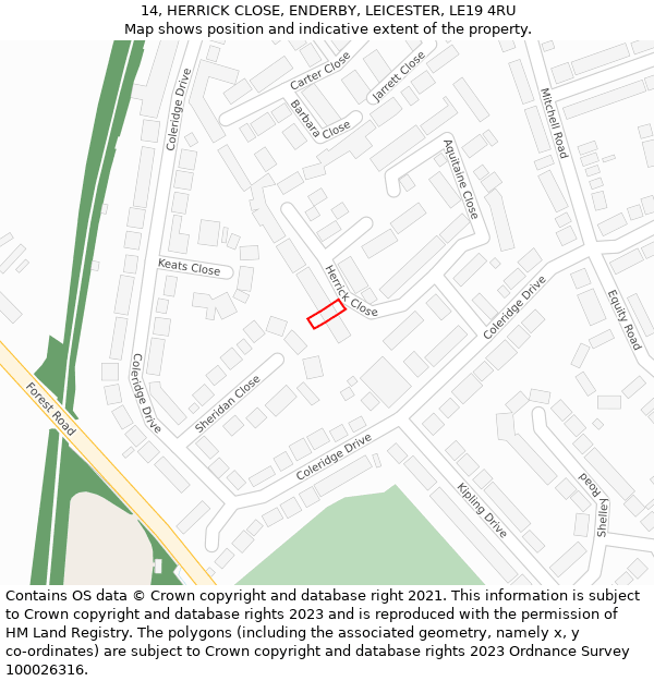 14, HERRICK CLOSE, ENDERBY, LEICESTER, LE19 4RU: Location map and indicative extent of plot