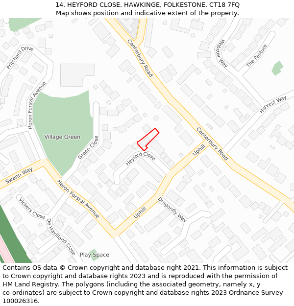 14, HEYFORD CLOSE, HAWKINGE, FOLKESTONE, CT18 7FQ: Location map and indicative extent of plot