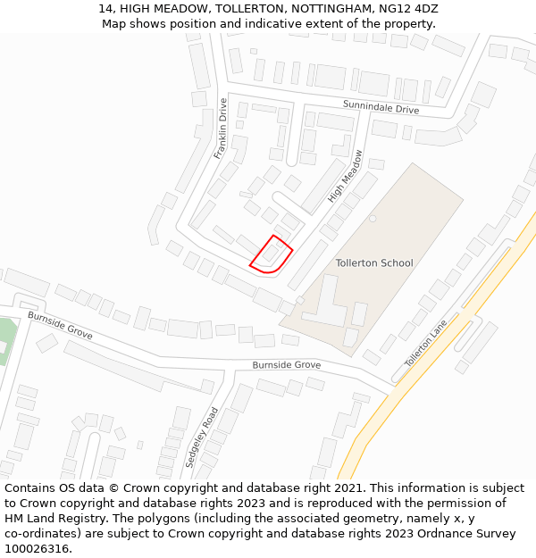 14, HIGH MEADOW, TOLLERTON, NOTTINGHAM, NG12 4DZ: Location map and indicative extent of plot