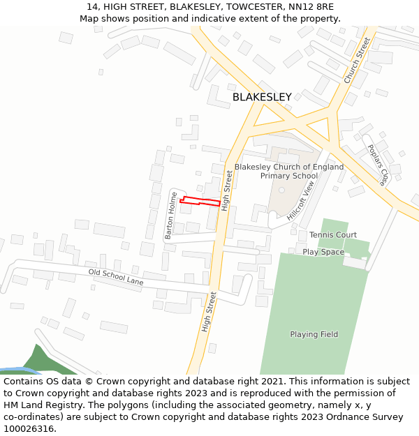 14, HIGH STREET, BLAKESLEY, TOWCESTER, NN12 8RE: Location map and indicative extent of plot