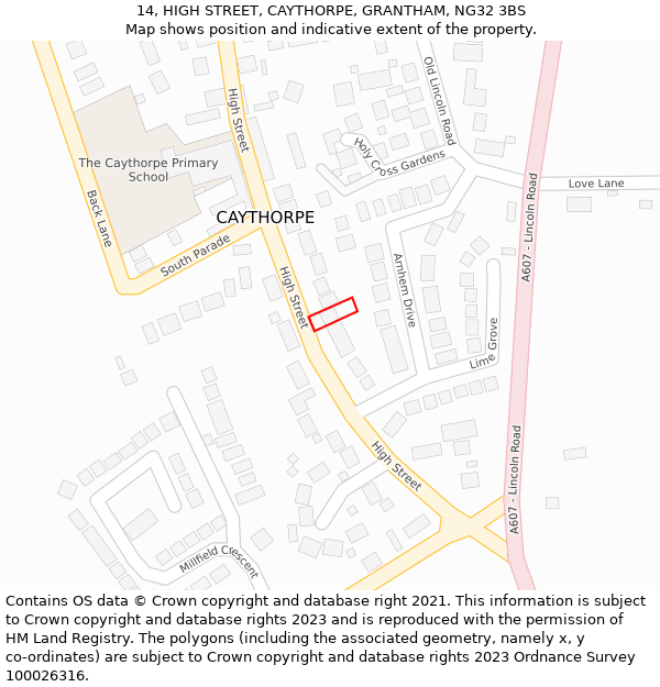 14, HIGH STREET, CAYTHORPE, GRANTHAM, NG32 3BS: Location map and indicative extent of plot