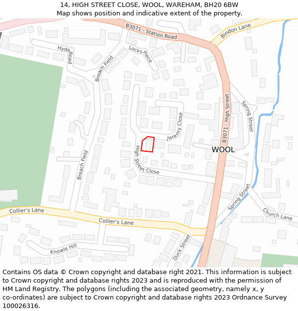 14, HIGH STREET CLOSE, WOOL, WAREHAM, BH20 6BW: Location map and indicative extent of plot