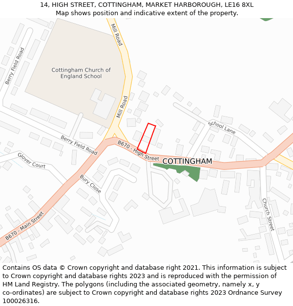 14, HIGH STREET, COTTINGHAM, MARKET HARBOROUGH, LE16 8XL: Location map and indicative extent of plot