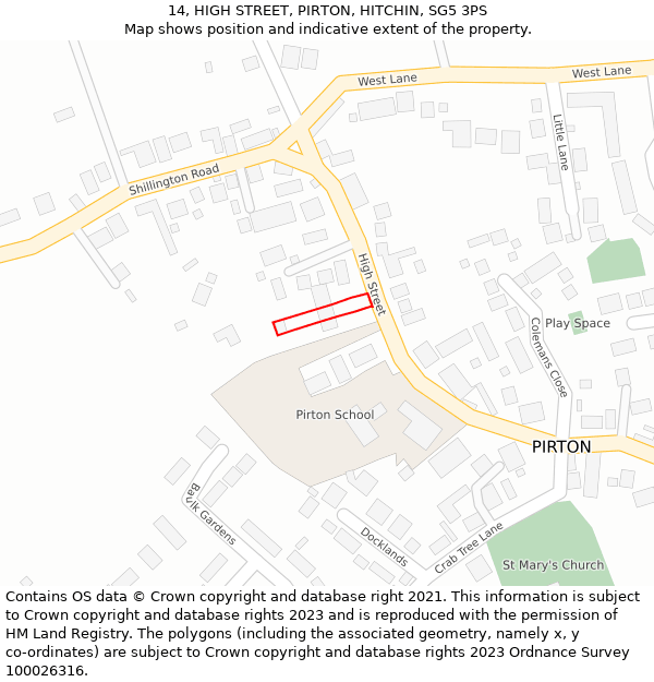 14, HIGH STREET, PIRTON, HITCHIN, SG5 3PS: Location map and indicative extent of plot