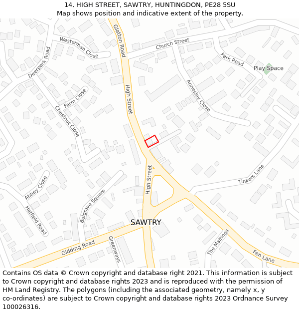 14, HIGH STREET, SAWTRY, HUNTINGDON, PE28 5SU: Location map and indicative extent of plot