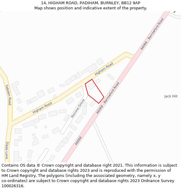 14, HIGHAM ROAD, PADIHAM, BURNLEY, BB12 9AP: Location map and indicative extent of plot