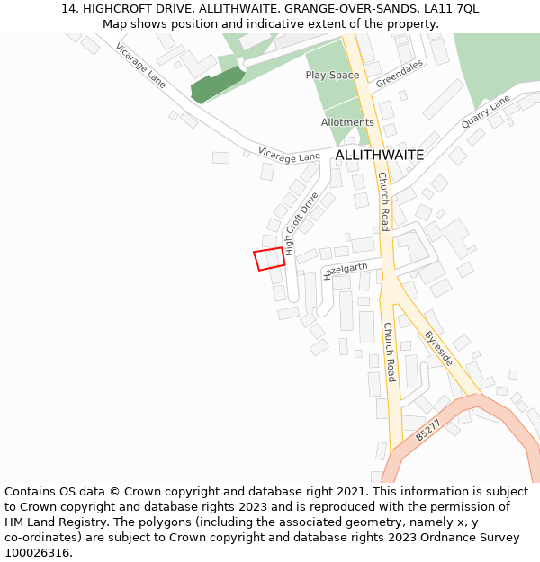 14, HIGHCROFT DRIVE, ALLITHWAITE, GRANGE-OVER-SANDS, LA11 7QL: Location map and indicative extent of plot