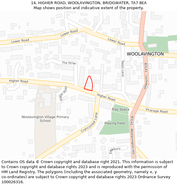 14, HIGHER ROAD, WOOLAVINGTON, BRIDGWATER, TA7 8EA: Location map and indicative extent of plot