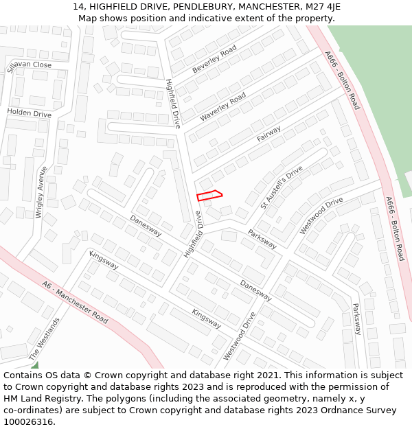 14, HIGHFIELD DRIVE, PENDLEBURY, MANCHESTER, M27 4JE: Location map and indicative extent of plot