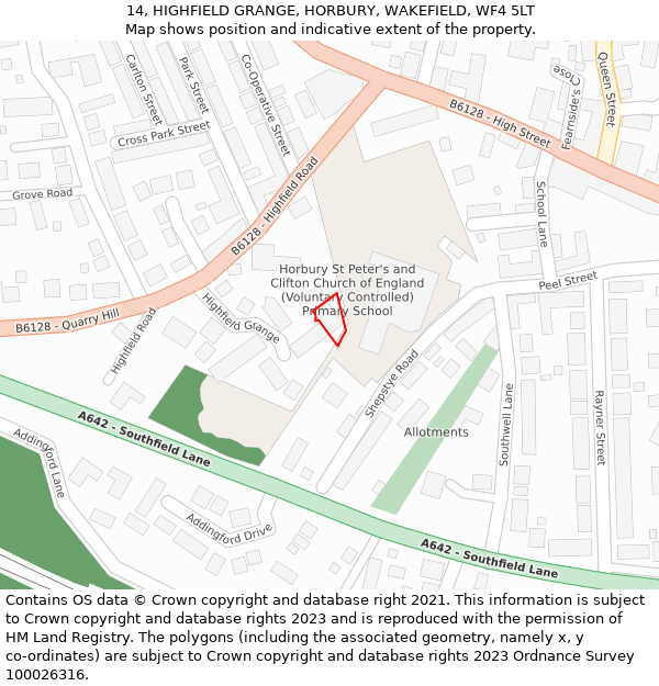 14, HIGHFIELD GRANGE, HORBURY, WAKEFIELD, WF4 5LT: Location map and indicative extent of plot