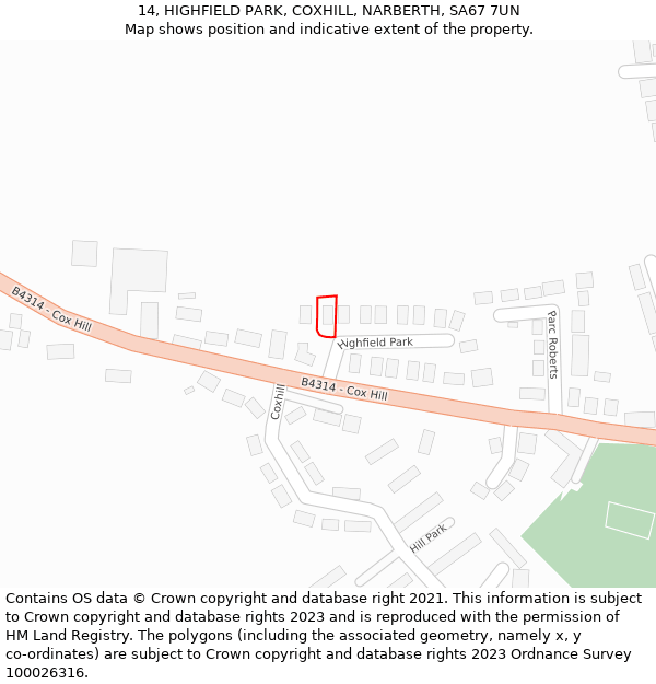 14, HIGHFIELD PARK, COXHILL, NARBERTH, SA67 7UN: Location map and indicative extent of plot