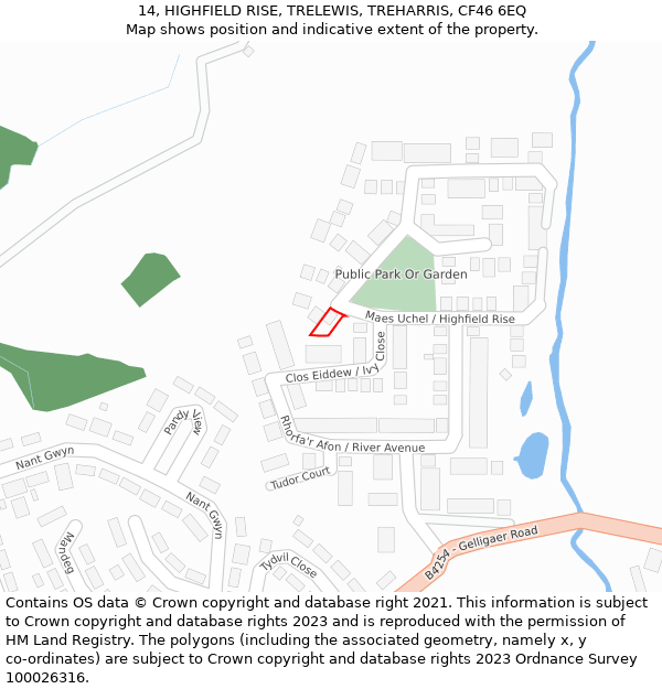 14, HIGHFIELD RISE, TRELEWIS, TREHARRIS, CF46 6EQ: Location map and indicative extent of plot