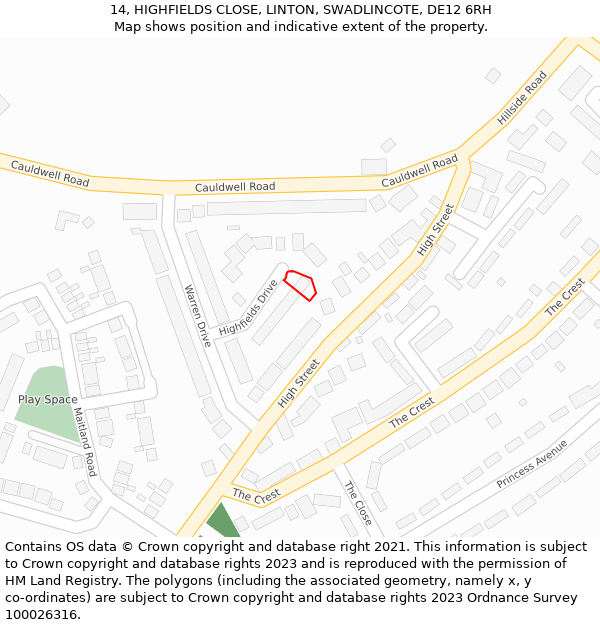 14, HIGHFIELDS CLOSE, LINTON, SWADLINCOTE, DE12 6RH: Location map and indicative extent of plot