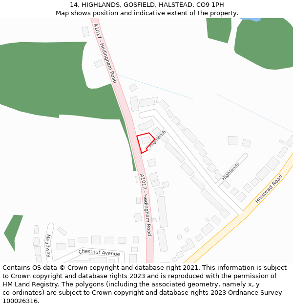 14, HIGHLANDS, GOSFIELD, HALSTEAD, CO9 1PH: Location map and indicative extent of plot