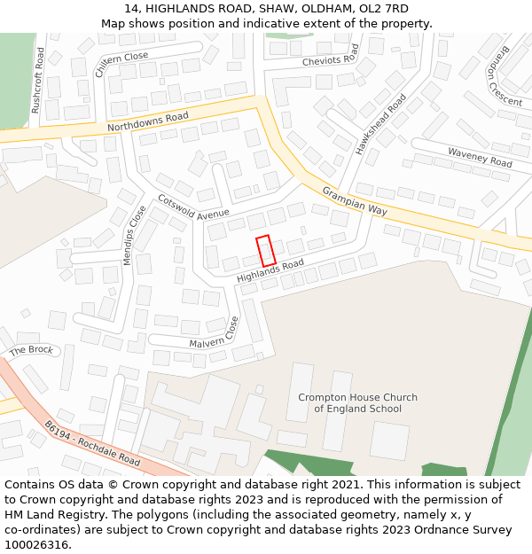 14, HIGHLANDS ROAD, SHAW, OLDHAM, OL2 7RD: Location map and indicative extent of plot