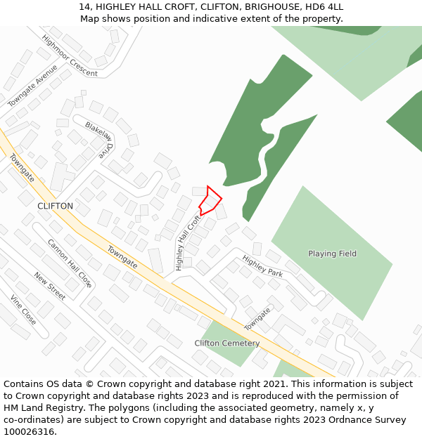 14, HIGHLEY HALL CROFT, CLIFTON, BRIGHOUSE, HD6 4LL: Location map and indicative extent of plot