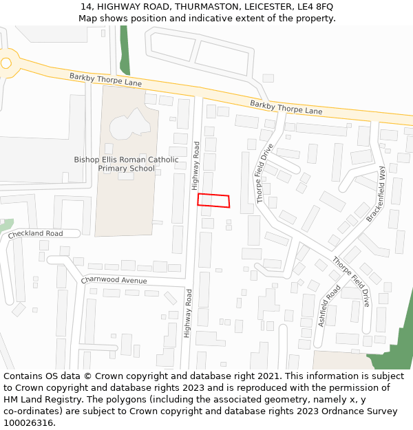 14, HIGHWAY ROAD, THURMASTON, LEICESTER, LE4 8FQ: Location map and indicative extent of plot