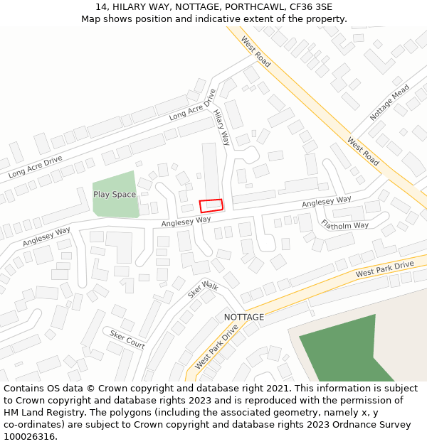 14, HILARY WAY, NOTTAGE, PORTHCAWL, CF36 3SE: Location map and indicative extent of plot