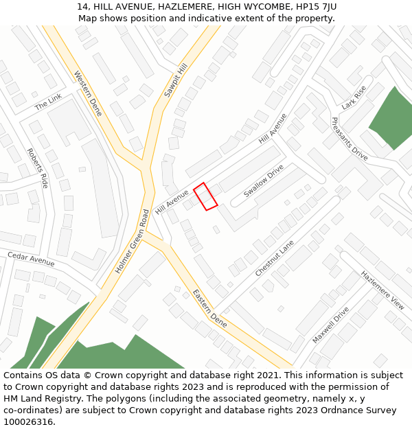 14, HILL AVENUE, HAZLEMERE, HIGH WYCOMBE, HP15 7JU: Location map and indicative extent of plot