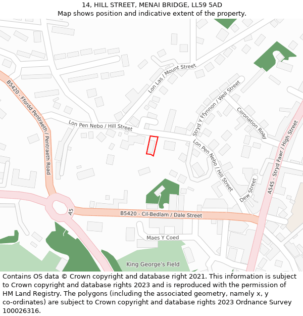 14, HILL STREET, MENAI BRIDGE, LL59 5AD: Location map and indicative extent of plot