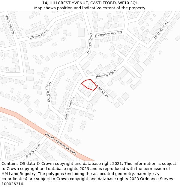 14, HILLCREST AVENUE, CASTLEFORD, WF10 3QL: Location map and indicative extent of plot
