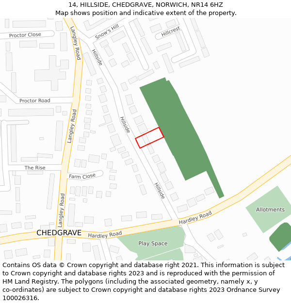 14, HILLSIDE, CHEDGRAVE, NORWICH, NR14 6HZ: Location map and indicative extent of plot