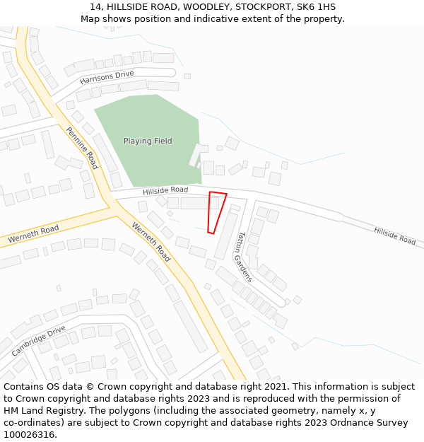 14, HILLSIDE ROAD, WOODLEY, STOCKPORT, SK6 1HS: Location map and indicative extent of plot