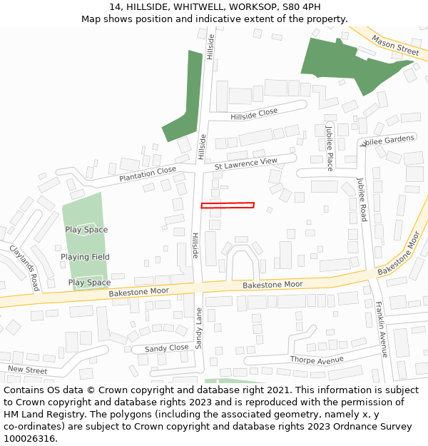 14, HILLSIDE, WHITWELL, WORKSOP, S80 4PH: Location map and indicative extent of plot