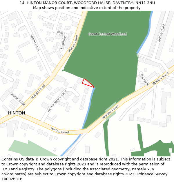 14, HINTON MANOR COURT, WOODFORD HALSE, DAVENTRY, NN11 3NU: Location map and indicative extent of plot