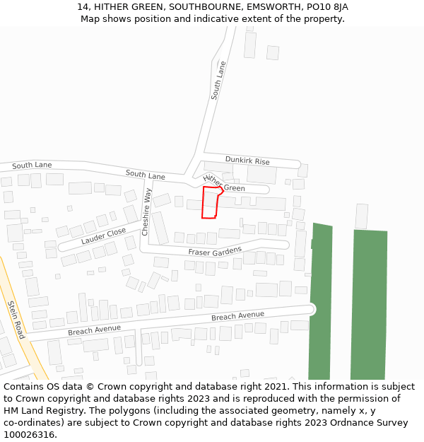 14, HITHER GREEN, SOUTHBOURNE, EMSWORTH, PO10 8JA: Location map and indicative extent of plot