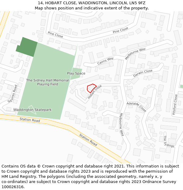 14, HOBART CLOSE, WADDINGTON, LINCOLN, LN5 9FZ: Location map and indicative extent of plot